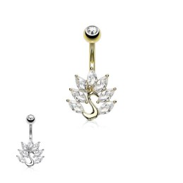 Piercing nombril or ou rhodium paon avec zirconiums blancs NOM058