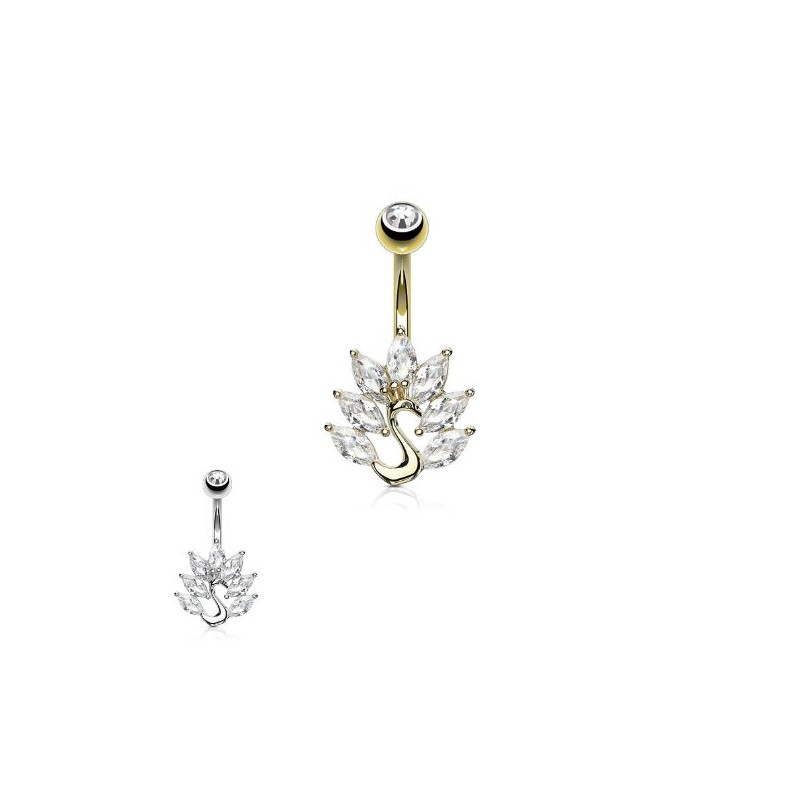 Piercing nombril or ou rhodium paon avec zirconiums blancs NOM058