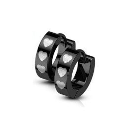 Boucles d'oreilles anneaux noirs en acier avec cœurs argentés 8.90€