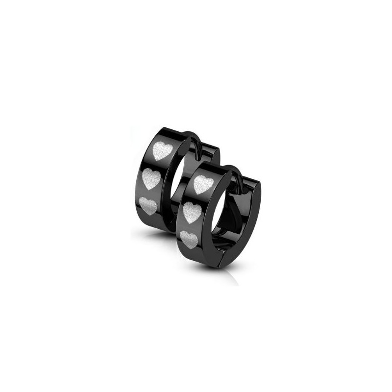 Boucles d'oreilles anneaux noirs en acier avec cœurs argentés 8.90€