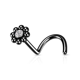 Piercing nez coudé tire-bouchon noir avec une fleur et un zirconium 5.35€