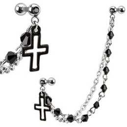 Piercing hélix Lolita gothique double barbell avec croix et perles noires 8.49€