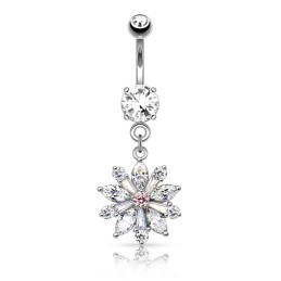 Piercing nombril fleur avec pétales en zirconiums blancs NOM095G