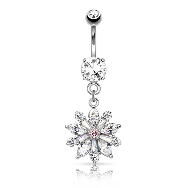 Piercing nombril fleur avec pétales en zirconiums blancs NOM095G