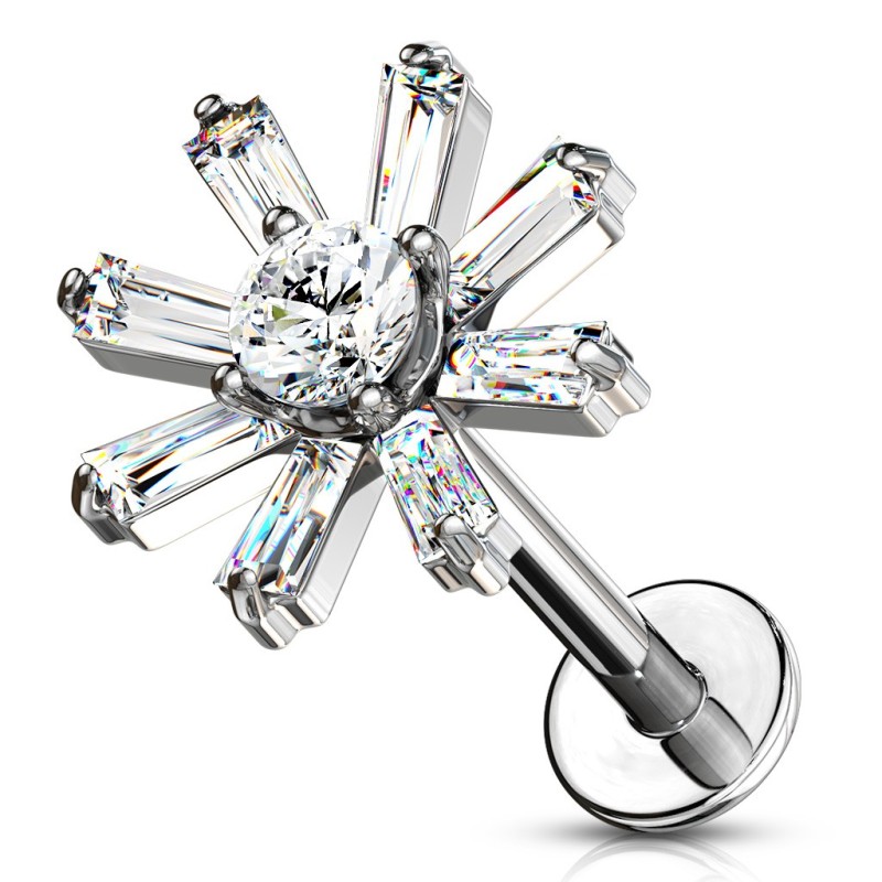 Piercing labret 6mm ou 8mm avec une fleur en zirconiums blancs 6.60€