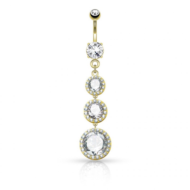 Piercing nombril pendentif plaqué Or avec trois zirconiums blancs NOM112 21.80€ sur piercing-alice.fr