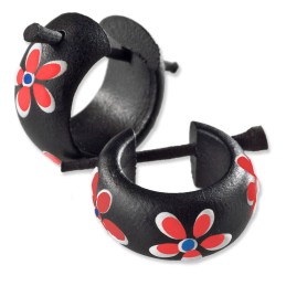 Boucles d'oreilles anneaux en bois exotique fleurs peintes à la main8.80€