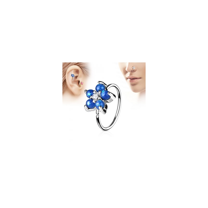 Anneau nez, hélix ou tragus 8mmx0,8mm, plaqué rhodium fleur en opaline de synthèse 7.00€