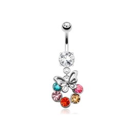 Piercing nombril pendentif papillon et cercle serti de zirconiums colorés6,90€