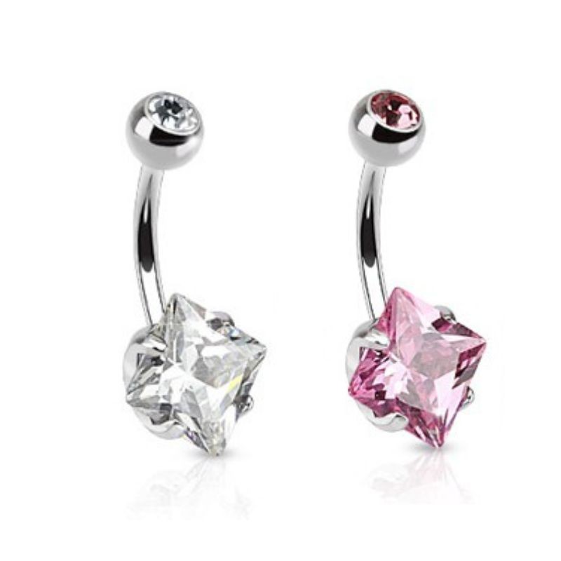 Piercing nombril acier chirurgical avec un zirconium blanc ou rose et une bille incrustée d'un cristal5,90€