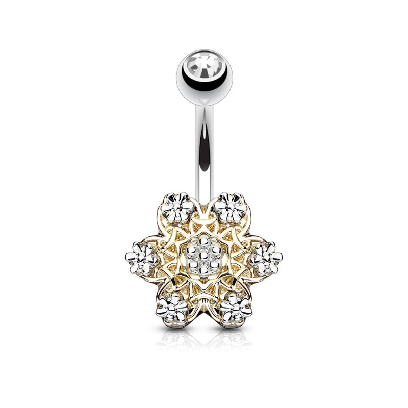 Piercing nombril doré  filigrame délicat et fleurs acier 8,60€