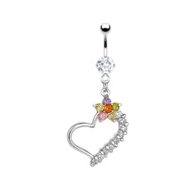 Piercing nombril pendentif avec un cœur et une fleur  en cristal (NOM118)