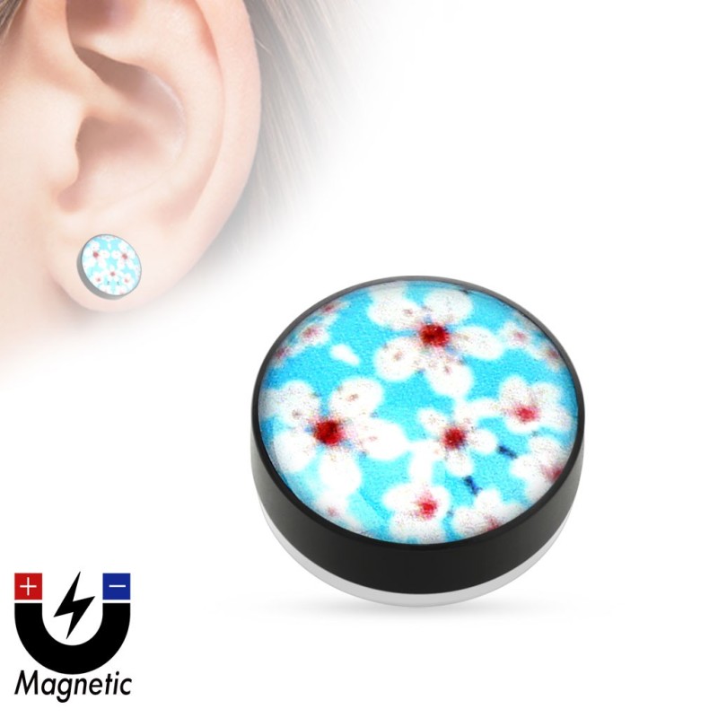 Faux piercing plug aimanté bleu à fleurs 4.90€