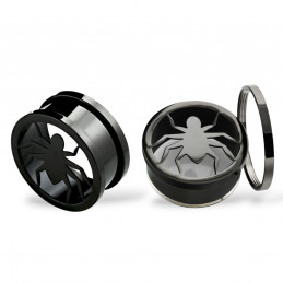 Piercing tunnel noir décor araignée 8mm à 25mm