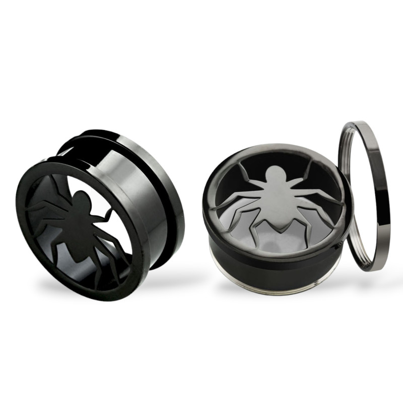 Piercing tunnel noir décor araignée 8mm à 25mm