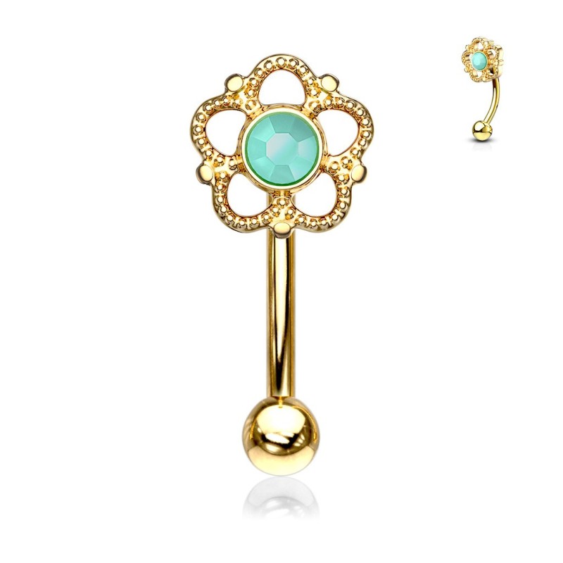 Piercing 8mm plaqué or banane arcade ou rook fleur en filigrane et cristal turquoise 6.65€ piercing-alice.fr