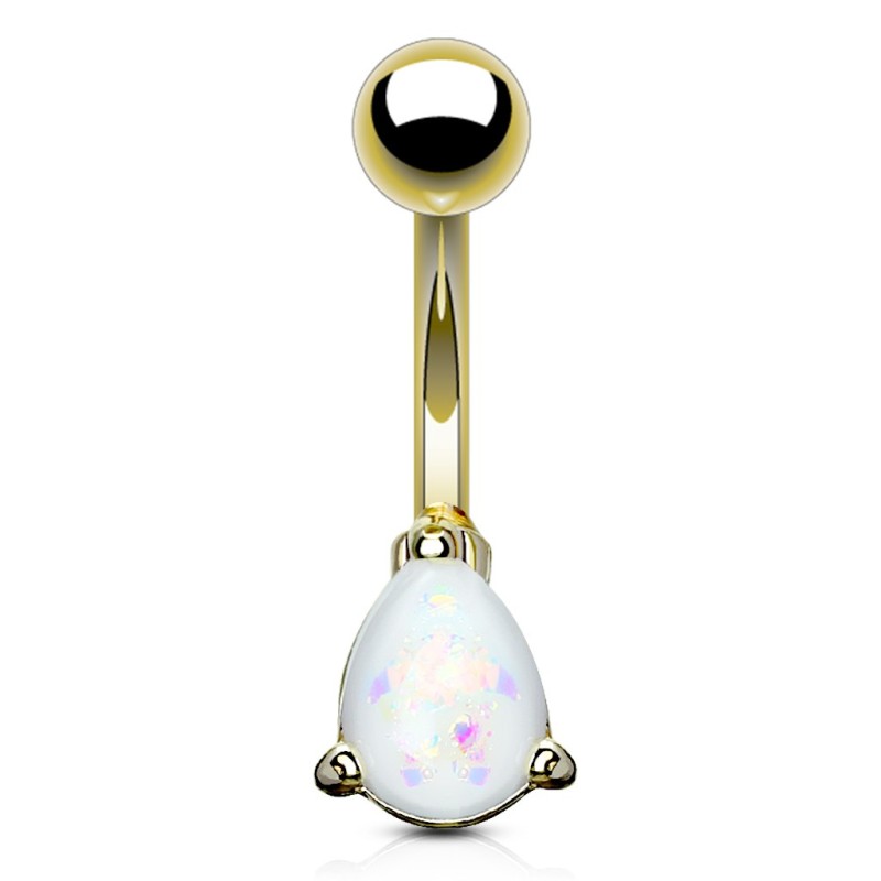 Piercing nombril doré avec une larme en opaline  de synthèse blanche 6.99€