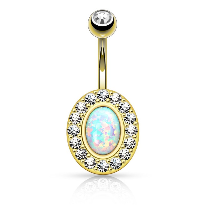 Piercing nombril plaqué or 14 carats avec une opaline ovale blanche 13.50€