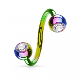 Piercing spirale titane arc-en-ciel 11mm avec boules 5mm et zirconiums7.20€