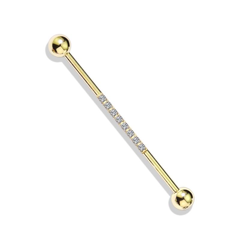 Piercing Industriel 38mm doré pavé d'une rangée de zirconiums, acier chirurgical plaqué PVD 7.50€