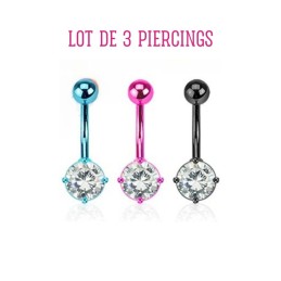 Lot de 3 Piercings nombril couleurs électriques noir, rose, bleu NOM165 11.50€ sur piercing-alice.fr