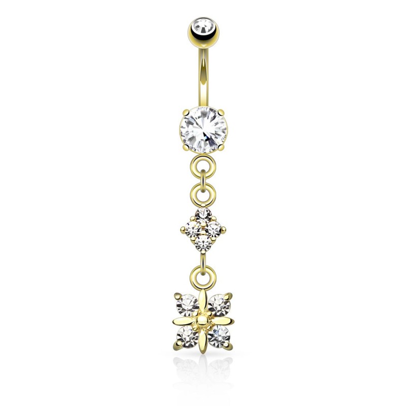 Piercing nombril pendentif avec un losange et une fleur plaqué or NOM169D 14.50€