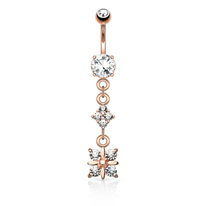 Piercing nombril pendentif avec un losange et une fleur plaqué or rose NOM169P 14.50€ sur piercing-alice.fr