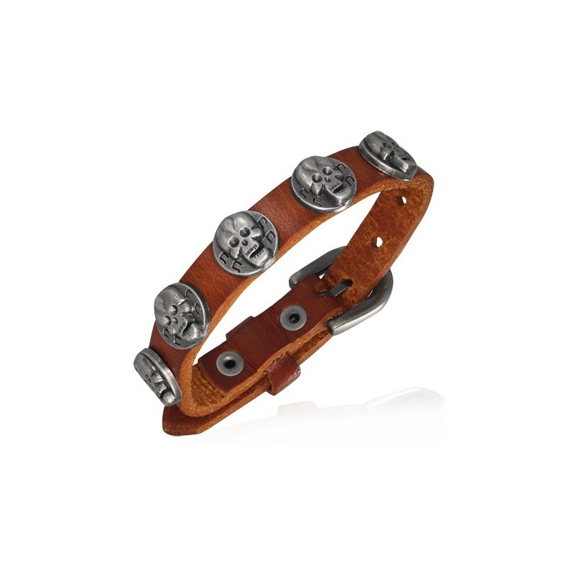 Bracelet en cuir marron et têtes de mort  BRA036 9.50€