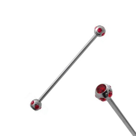 Piercing industriel 38mm acier boules et cristal rouge IND057R