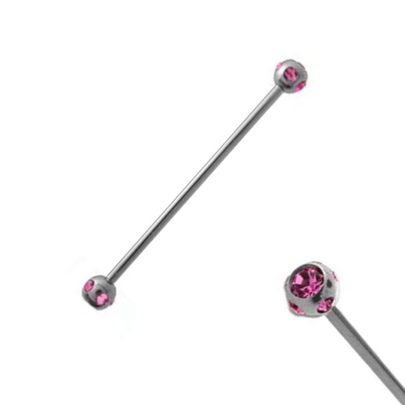 Piercing industriel 38mm acier boules et cristal rose IND057P 7.95€