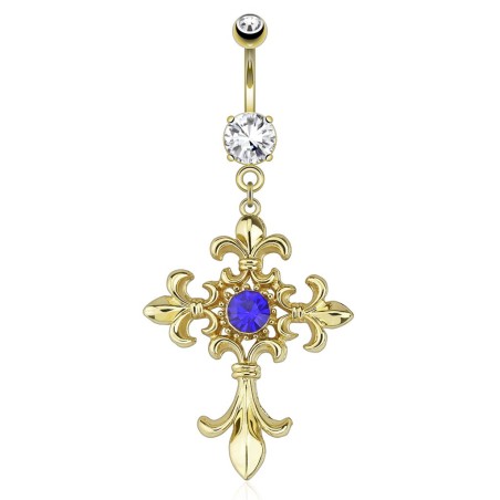 Piercing nombril plaqué or avec croix fleur de lys et pierre bleue NOM123 17.00€
