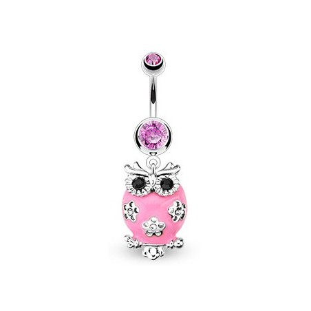 Piercing nombril avec un hibou rose et des fleurs NOM193