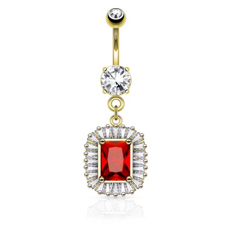 Piercing nombril plaqué or 14k square et zirconium rouge NOM189D