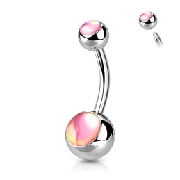 Piercing nombril banane boules acier avec pierres roses irisées NOM008P 7.00€
