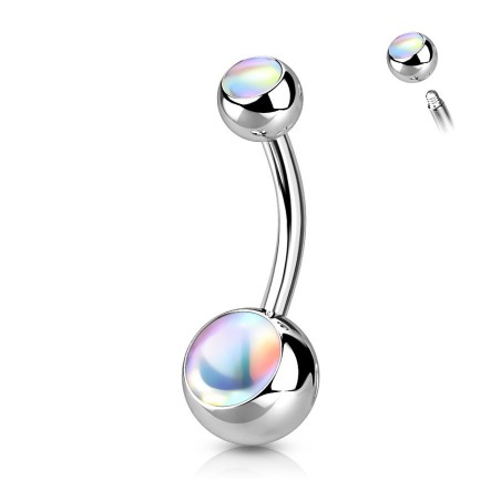 Piercing nombril banane boules acier avec pierres blanc nacre irisées NOM008W 7.00€
