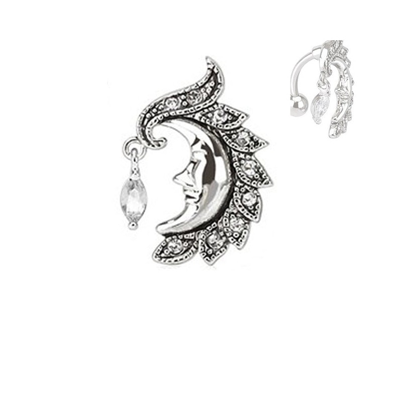 Piercing nombril inversé avec une lune et cristal blanc NOM024W
