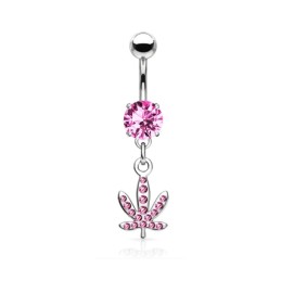 Piercing nombril avec une feuille de cannabis ornée de strass roses NOM194P 9.00€