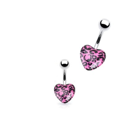 Piercing nombril avec un cœur léopard acrylique rose NOM199P