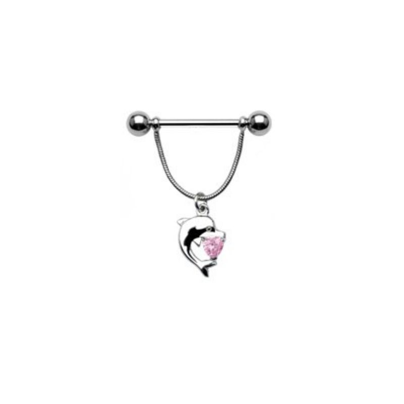 Piercing téton bouclier pendentif dauphin avec cristal rose TET0058.50€