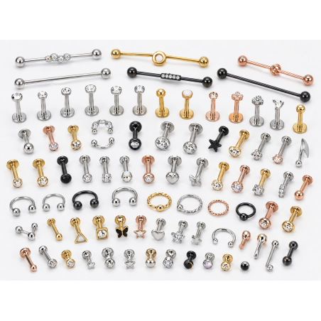 Lot de 100 piercings cartilage aléatoires – Labret, tragus, industriel & puces – Spécial revendeurs