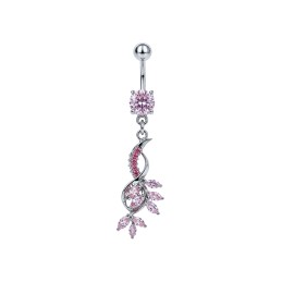 Piercing de nombril argenté en acier chirurgical avec pendentif floral et pierres roses – NOM379 12.90€ sur piercing-alice.fr