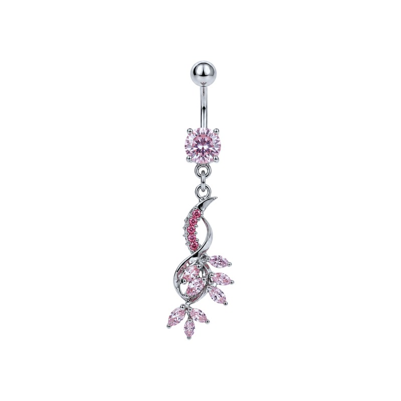 Piercing de nombril argenté en acier chirurgical avec pendentif floral et pierres roses – NOM379 12.90€ sur piercing-alice.fr