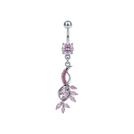 Piercing de nombril argenté en acier chirurgical avec pendentif floral et pierres roses – NOM379 12.90€ sur piercing-alice.fr